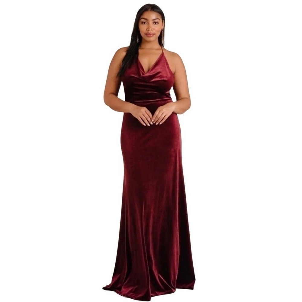 Jenny Yoo Sullivan Luxe Velvet Bridesmaid Dress Cowl Neck Burgundy Gown Sz 0